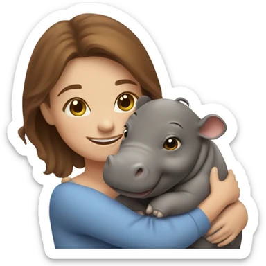 smiling woman with brown hair embracing baby hippo sticker