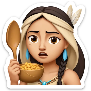 Cinematic Funny Pocahontas Portrait Emoji, Looking bewildered as Meeko steals her food, one brow raised in playful frustration, a warrior princess caught in a hilariously relatable moment, wild yet endearing! sticker