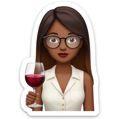 a woman with dark skin.
She has long, straight brown hair. with wine ombré hair 
He wears black-framed glasses. vintage oval.
She wears a white sleeveless blouse. sticker