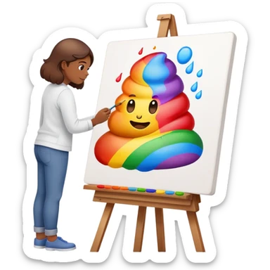 artist painting a rainbow poop emoji on an easel sticker