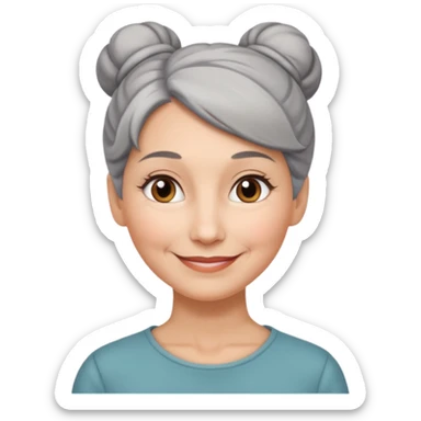 50 y.o. woman grey hair, subtle smile, hair in a bun  sticker