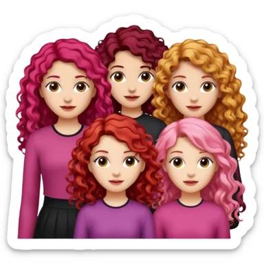 5 girls  curly redhead, one with brunette dyed blonde hair, one long haired wavy brunette, one mid-length haired brunette, and one black haired girl with partially dyed bright red/pink hair sticker