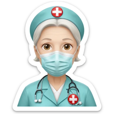 Old, female, wearing mask, solemn, nurse uniform
 sticker