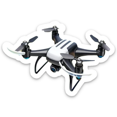 An icon showing a racing quadcopter drone in the foreground, flying at high speed through a course filled with obstacles and checkpoints. Other drones zoom in the background over a dynamic landscape. Transparent background highlights the thrill and precision of drone racing. sticker