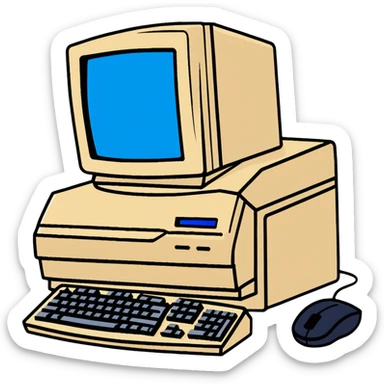 Early 2000s desktop computer, beige plastic casing, CRT monitor with blue screen, tower CPU with CD drive, separate wired keyboard and mouse, simple tech setup sticker