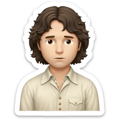 solarpunk realistic ultra HD - a thoughtful, messy, shaggy Jim Morrison in a ivory Victorian shirt in stage action sticker