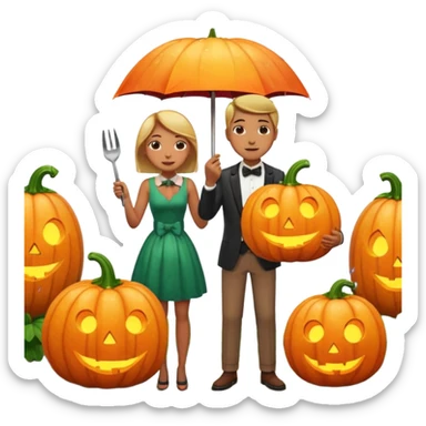 Make a guy hugging a giant pumpkin with a fork in his right hand while there's fire while there's a lady watching while it's raining while there's an umbrella on the ground that's alive and the sun has a bow tie on his neck sticker