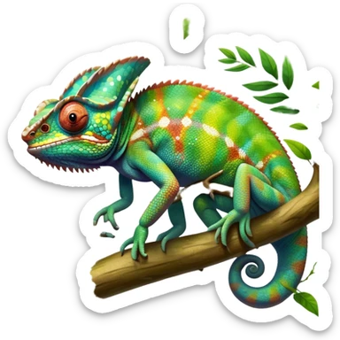 Giant chameleon on a branch, blending with vibrant greenery. Detailed scales in shifting colors, showing the chameleon’s ability to camouflage. Soft natural light highlights its texture. Nature background with leafs aтв адщцукы. Lush jungle background with vivid foliage, transparent background. sticker