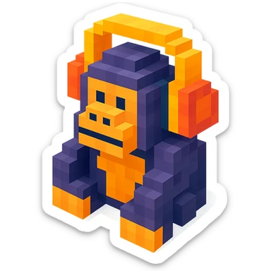 voxel style gorilla wearing large over-ear headphones, isometric view sticker