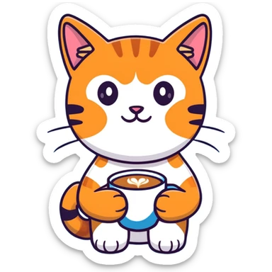 ginger cat with big eyes, holding coffee cup sticker