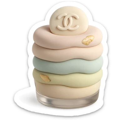 pastel Chanel layered dessert in a glass, with logo and gold leaf sticker