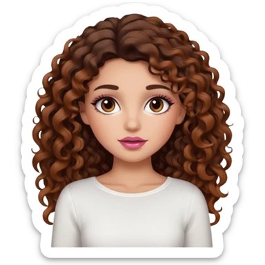 white girl with long voluminous dark brown curly hair with caramel highlights wearing a white top. Blush on the cheeks and big eyelashes and a brown-pink lip combo  sticker