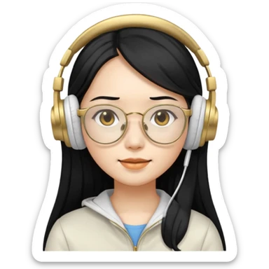 generate an asian female with long black hair, golden rim glasses, and a white headphones sticker