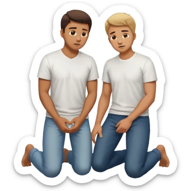 a guy standing up and another guy on both of his knees in front of said guy standing up who is loookg down at him and guy on knees is looking up at him sticker