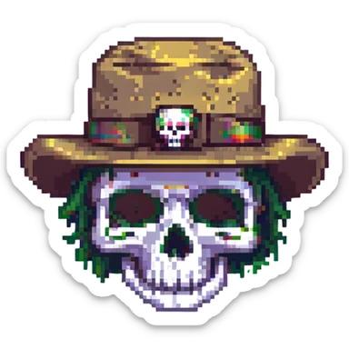 skull face with a hat, pixel art style sticker