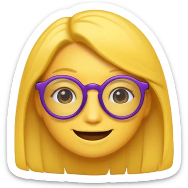 un emojis amarillo, con el cabello corto,lacio y negro, con lentes violeta y una sonrisa sticker