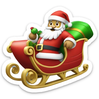 Santa in red sleigh, green sack of gifts, fun and festive sticker