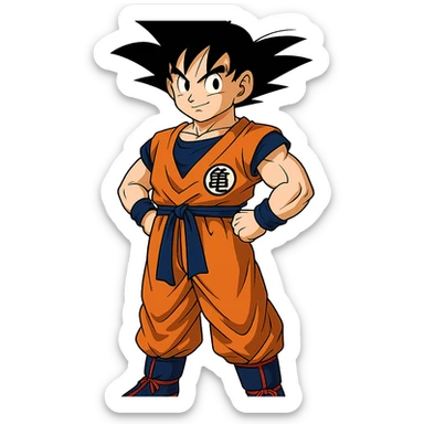 Son Goku, spiky black hair, orange martial arts gi, confident pose, iconic anime style sticker