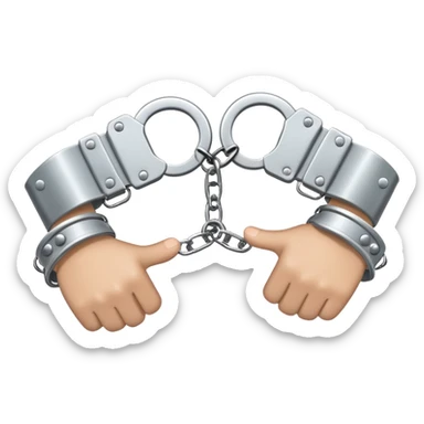 An emoji of two hands cuffed behind the back with metallic handcuffs. The wrists are slightly tilted inward, showing restraint. The handcuffs have a reflective silver surface, symbolizing arrest, punishment, or law enforcement. Simple, cartoon-style design sticker