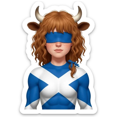 buff curly woman with freckles with messy light brown bangs covering the eyes with cow horns and cow brown ears with ribbon in her hair with body covered in Scottish flag sticker