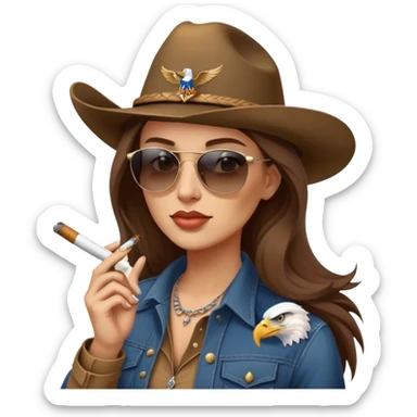 Country woman in cowboy hat with long brown hair with sunglasses with bald eagle on her shoulder and a cigarette in her mouth  sticker