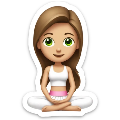 A girl with brown long hair, fair skin and green eyes is sitting in a lotus position in a white bra top and pink skirts sticker