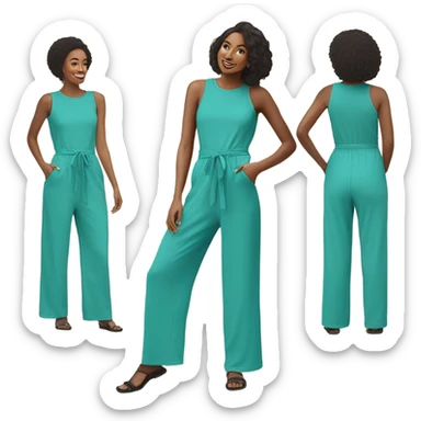 Create an emoji of a turquoise jumpsuit with adjustable waist and wide legs. The jumpsuit should have a modern, stylish design, with vibrant turquoise color and eco-friendly materials like organic cotton sticker