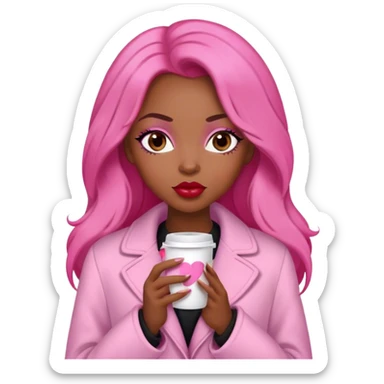 A black woman with a coat pink a pijama pink, long brunet Hair, coffe eyes, red lips  sticker