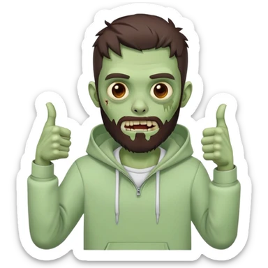 zombie with thumbs up gesture, undercut hairstyle with dark brown hair, short full beard, wearing plain white hoodie sticker