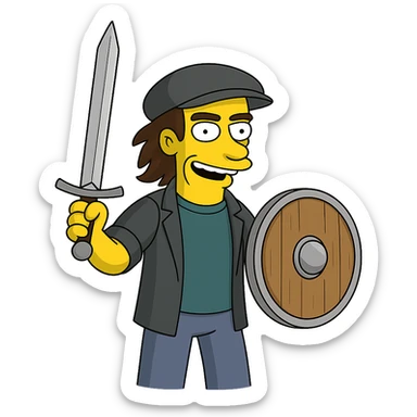 Regenerate the image keeping the same angle, facial expression, clothing, and size proportions of the character, but replace the guitar with a medieval sword and shield. Maintain the Simpsons style and transparent background. sticker