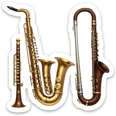 Create a refined and artistic emoji that represents lesser-known wind instruments. The design should feature a collection of unique wind instruments, such as a bassoon, oboe, or French horn, arranged elegantly. Add elements like musical notes to symbolize the harmony and beauty of these instruments. Use colors like bronze, silver, and dark wood tones to reflect the classic nature of the instruments. The background should be transparent. sticker
