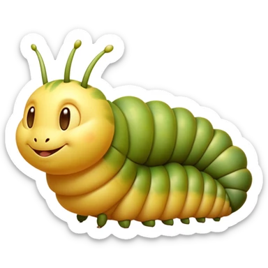 Beautiful and Majestic Caterpillar Portrait Emoji, Head and body rendered in serene repose with a gentle, content smile, showcasing a delicately segmented form with softly textured hues and eyes peacefully closed in tranquil slumber, Simplified yet exquisitely endearing features, highly detailed, glowing with a soft, drowsy natural light, high shine, relaxed and utterly noble, stylized with an air of graceful metamorphosis, soft glowing outline, capturing the essence of a beautiful and majestic caterpillar that embodies the quiet promise of transformation! sticker