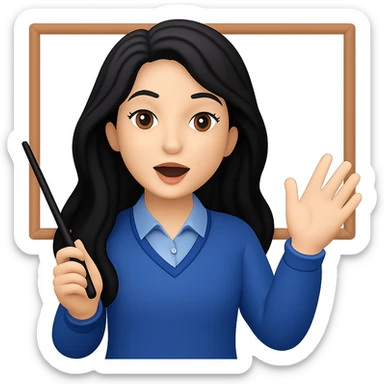 Make her hair longer, keep black wavy hair, no glasses, teaching and talking. Preserve transparent background. Maintain the original style and look of the image. sticker