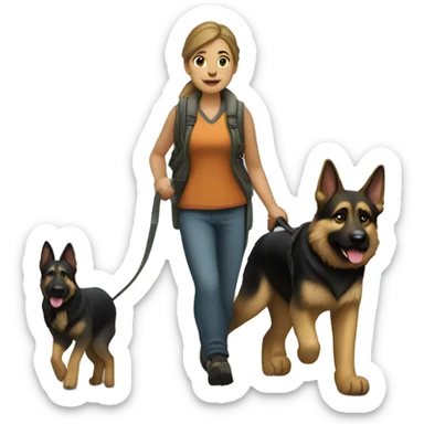 Lindsay carrying creek rocks walking with a german shepherd that has a big limb in its mouth  sticker