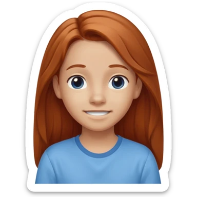smiling shrugging emoji tween long auburn hair light blue shirt with a darker blue L sticker