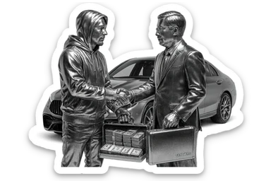 A white man with a goatee wearing a chrome hoodie, shaking hands with a Chinese man, while handing him a briefcase of money. An AMG car is in the background. sticker