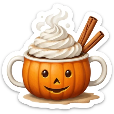 Steaming coffee Mug with whipped Cream and cinnamon Dust on Cream.  Small Punkin and 3 sticks of cinnamon next to mug sticker