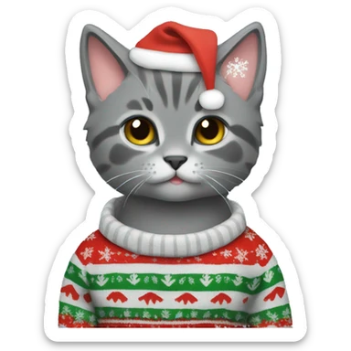 A grey kitten wearing a Christmas sweater sticker