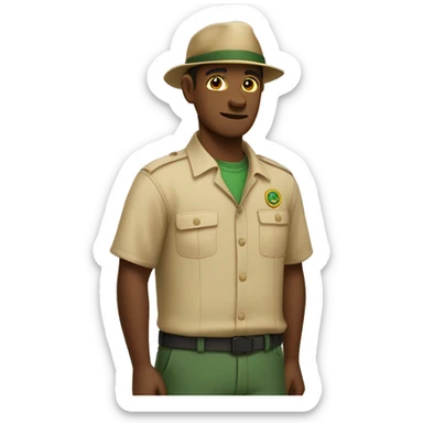 zookeeper, wearing a plain beige shirt and a plain dark cap. on the beige shirt, there is a small logo, that looks like a yellow square with a dark green border sticker