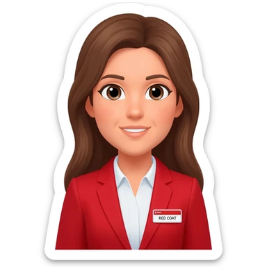 A delta Customer service agent, with a red blazer where the name tag says “RED COAT”  light skin colour and long brown hair sticker