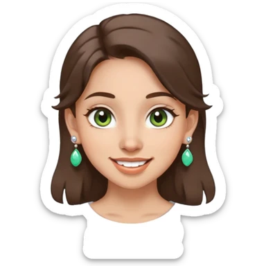 girl with gray-green eyes, brown hair, multiple earrings, mole on cheek, joyful expression sticker