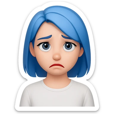 emoji of a girl with blue hair to shoulders, blue eyes, pink lips, wearing a white shirt, sad expression sticker