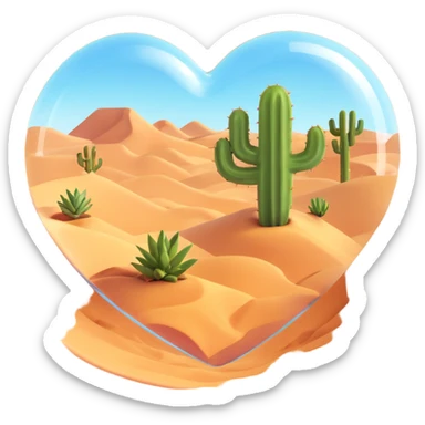 transparent heart-shaped emoji with a miniature desert scene inside, including sand dunes and a small cactus, clear glass effect sticker