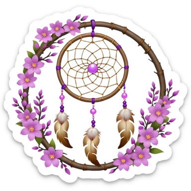 A white-birch-circle-framed Dreamcatcher. with purple-round-orbs, gold-rings hanging down. purple flowers, pink sakura flowers, sticker