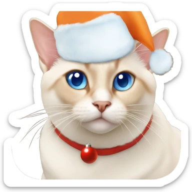 chubby flame point Siamese, white fur with orange accents and blue eyes wearing a red christmas hat  sticker