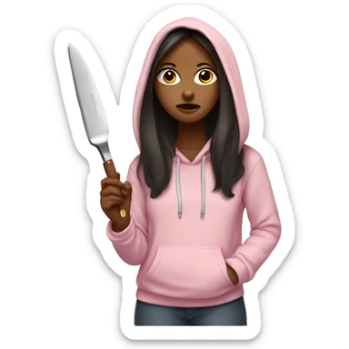 Girl with long dark hair in a light pink hoodie with a serious face holding a butter knife sticker