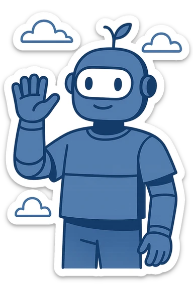blue robot waving, simple geometric shapes, soft shading, modern illustration style sticker