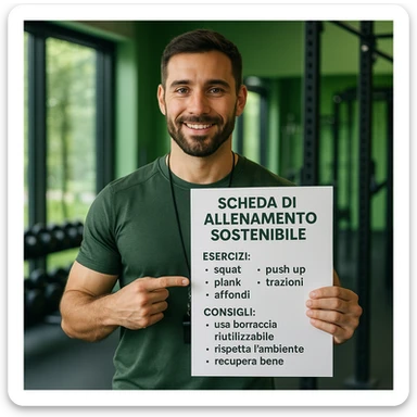 Add Italian text on the sheet that the coach is showing with the following content: 'Scheda di allenamento sostenibile', 'Esercizi: squat, push up, plank, trazioni, affondi', 'Consigli: usa borraccia riutilizzabile, rispetta l’ambiente, recupera bene'. Style should be hyperrealistic, 4K, modern and green gym. sticker