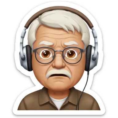 Brown old man with medium white hair, wearing glasses and headphones, looking surprised and angry, no facial hair, chubby, looking to the upper left corner sticker