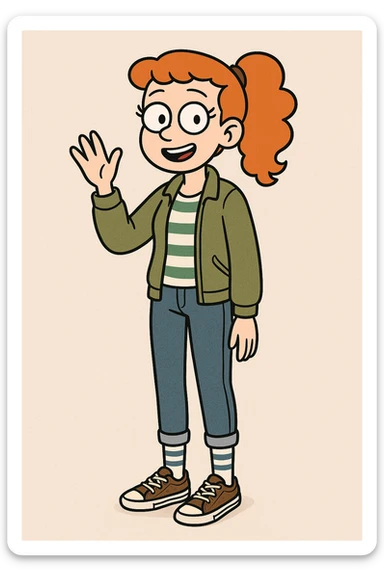 A girl Orange curly ponytail white green stripes ddre sshair jacket jeans blue sports striped socks brown converse women's chuck taylor all star shoreline slip on casual shoe wave and say hello sticker